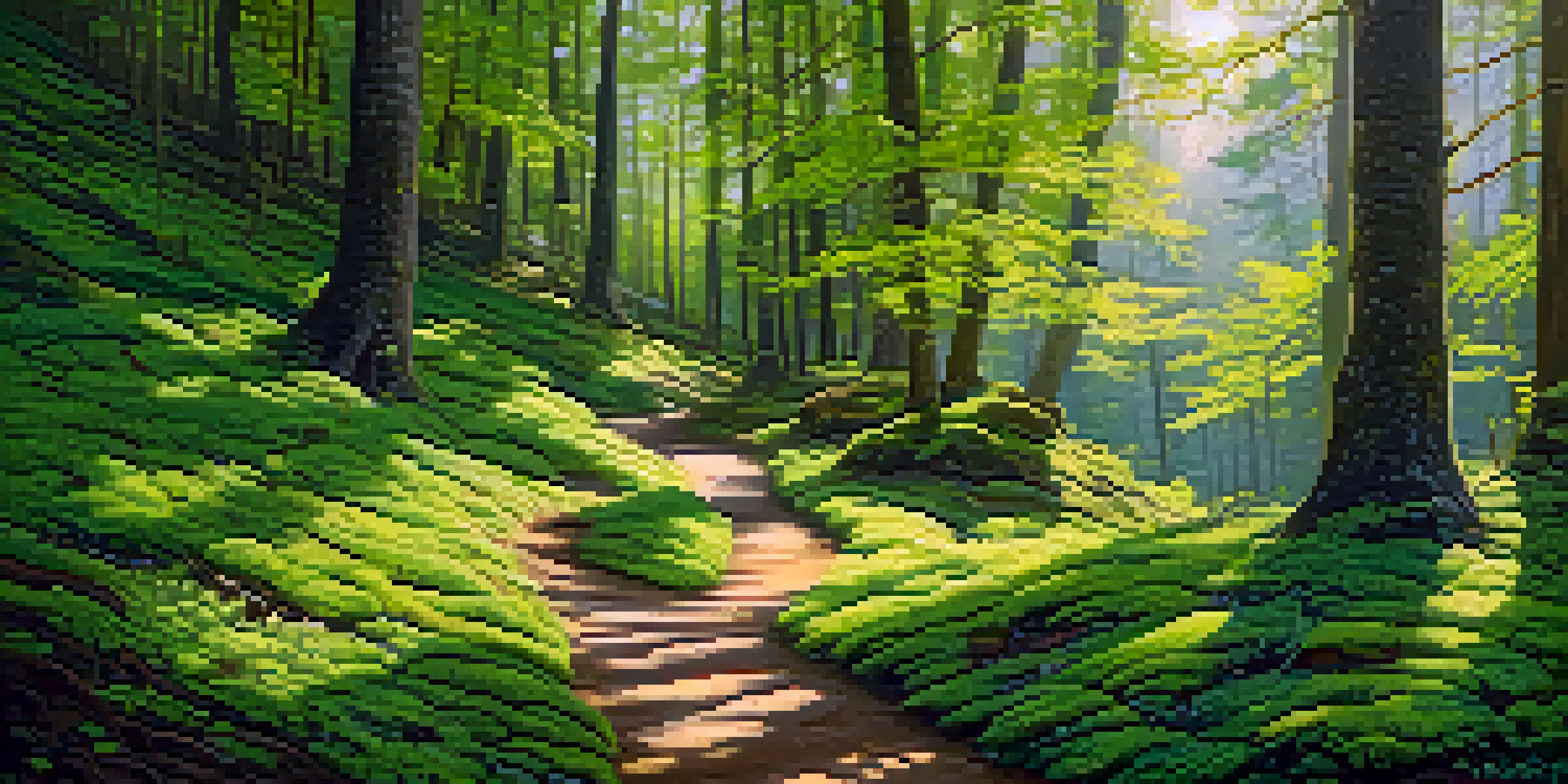 A peaceful forest with sunlight shining through the trees and a winding path covered in colorful flowers and moss.