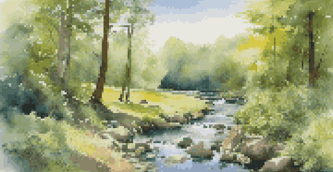 A lush forest with diverse trees, a clear stream, and wildlife, depicting a harmonious natural environment.