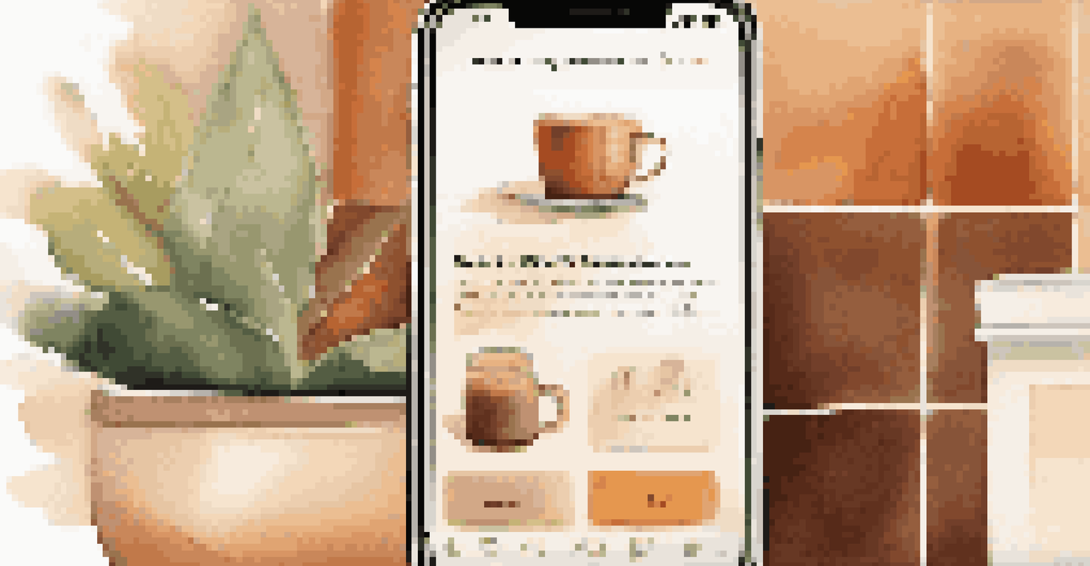 A smartphone showing a personalized shopping app with product recommendations, placed on a cozy table with a coffee cup.