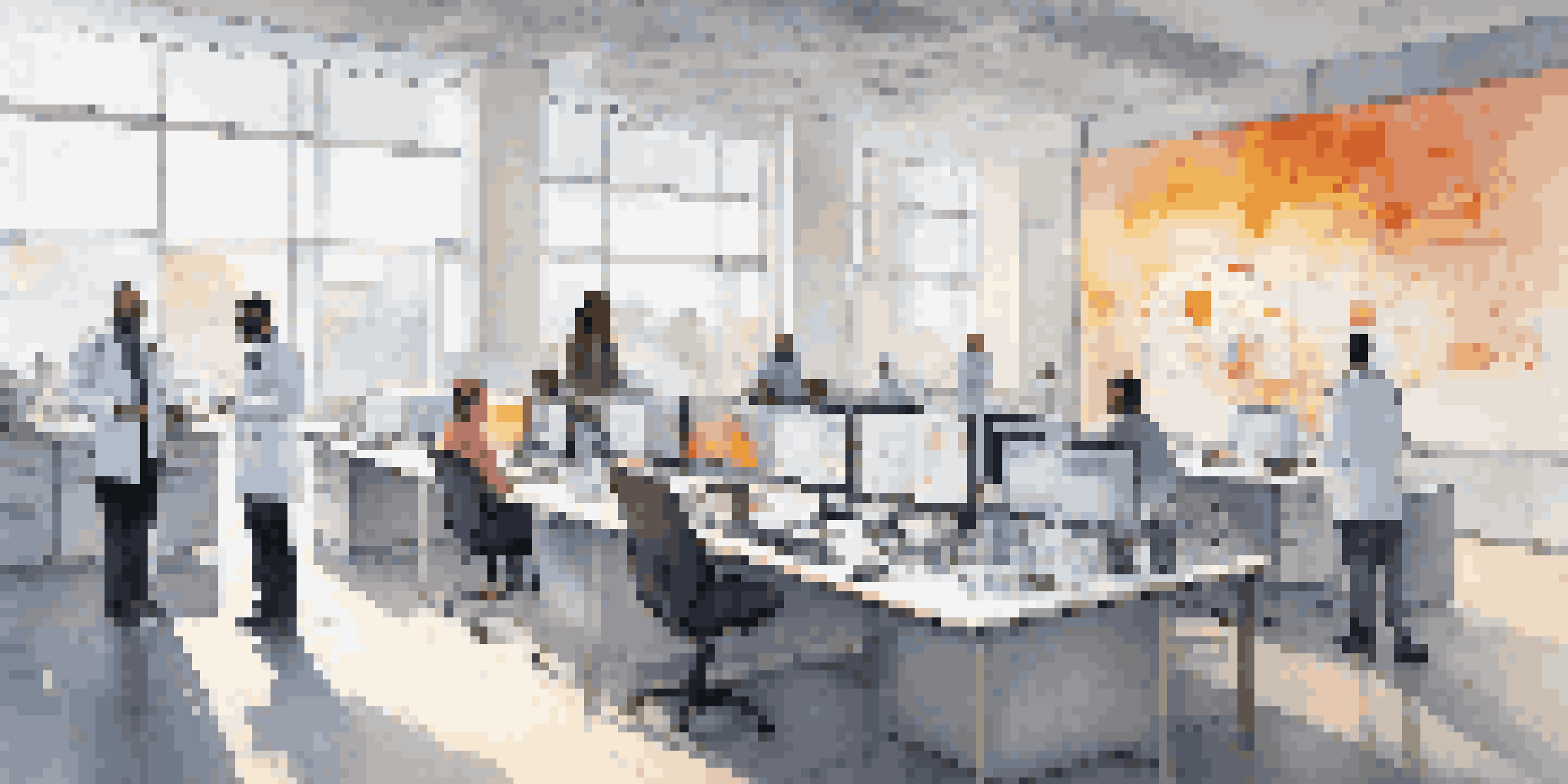 A modern office space depicting a collaboration between technology and healthcare professionals, with diverse individuals discussing medical devices and analyzing data.