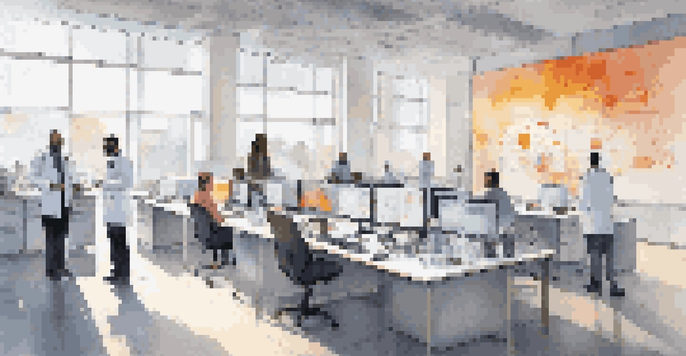 A modern office space depicting a collaboration between technology and healthcare professionals, with diverse individuals discussing medical devices and analyzing data.