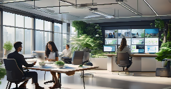 A modern office with remote workers in video conferences, showcasing advanced technology and communication.