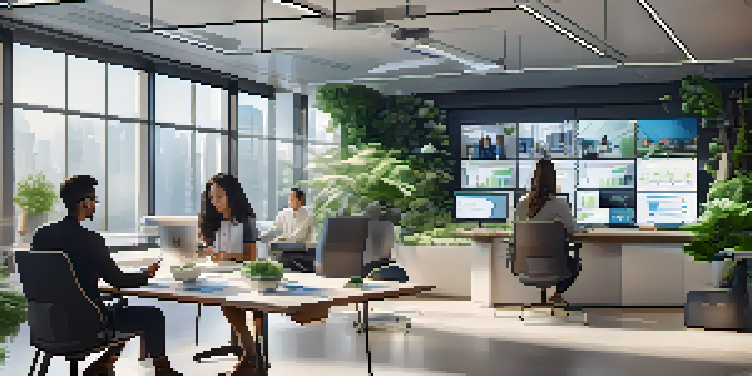 A modern office with remote workers in video conferences, showcasing advanced technology and communication.