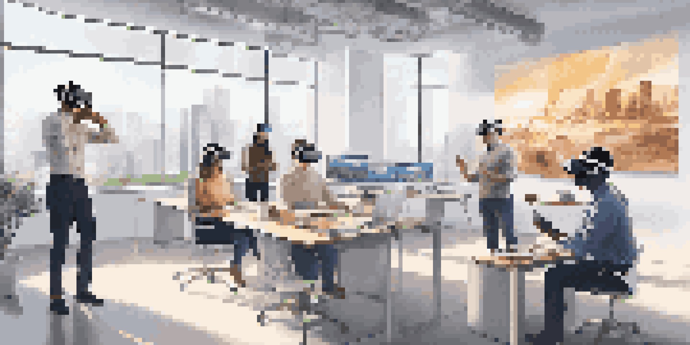 A diverse group of employees in a bright office wearing VR headsets, engaged in a virtual training session with 3D simulations.