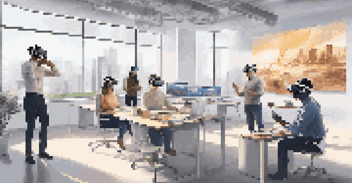 A diverse group of employees in a bright office wearing VR headsets, engaged in a virtual training session with 3D simulations.