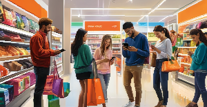 A group of diverse shoppers in a retail store, each using their smartphone to compare products under bright lights.