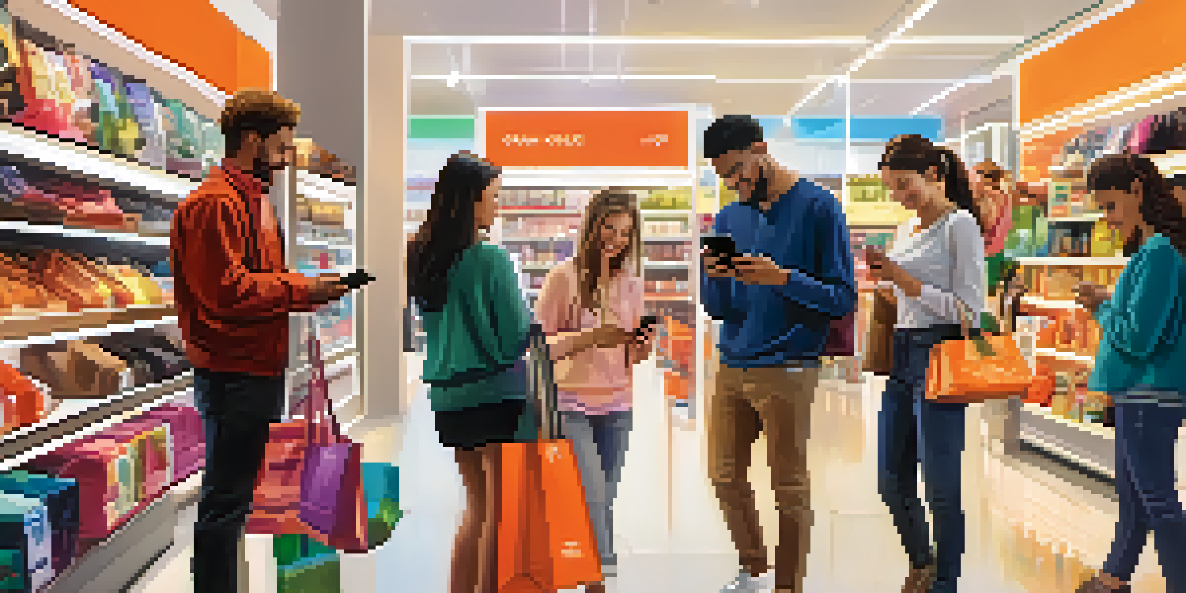 A group of diverse shoppers in a retail store, each using their smartphone to compare products under bright lights.