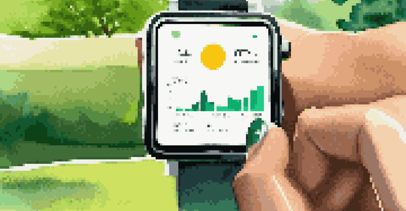 A close-up of a smartwatch displaying fitness data, with a blurred park background.