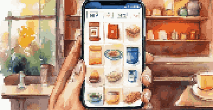 A smartphone with a colorful mobile commerce app interface next to a steaming cup of coffee in a cozy cafe setting.