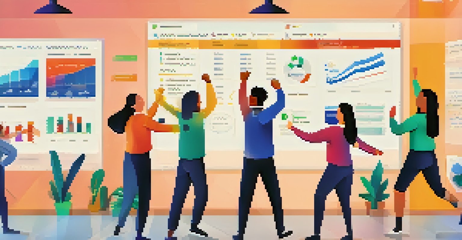 A team celebrating a successful sprint review with high-fives and smiles, surrounded by metrics and project milestones.