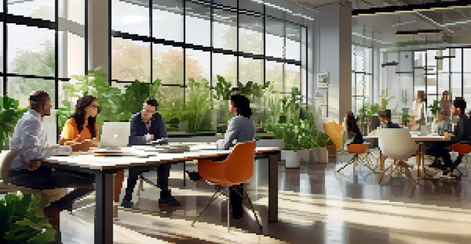 A diverse group of employees in a modern office, collaborating in a bright space filled with natural light and plants.