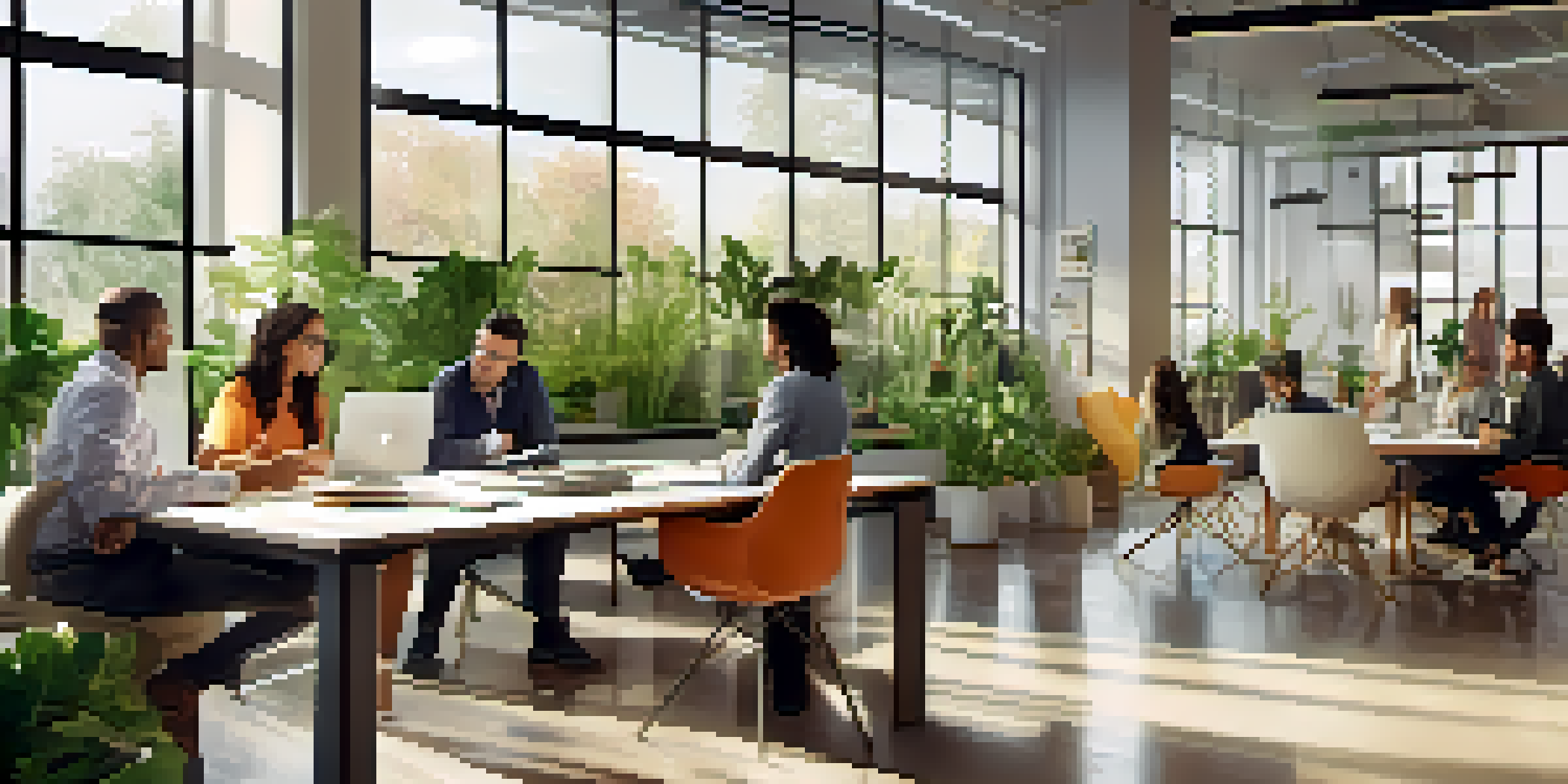 A diverse group of employees in a modern office, collaborating in a bright space filled with natural light and plants.