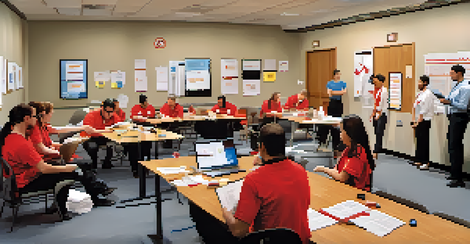 Employees engaged in a crisis communication training simulation with props in a bright room.