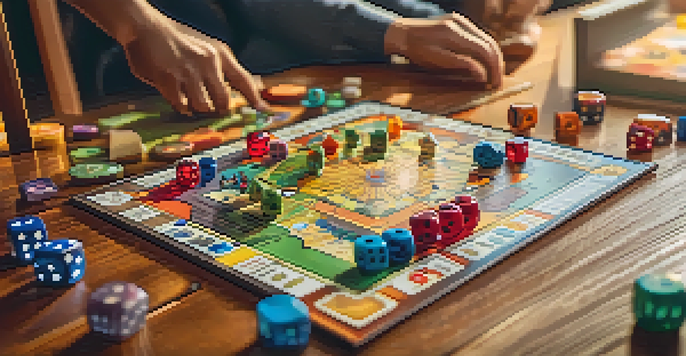 A lively board game setup with colorful pieces and a beautifully illustrated board, warm lighting enhancing the scene.