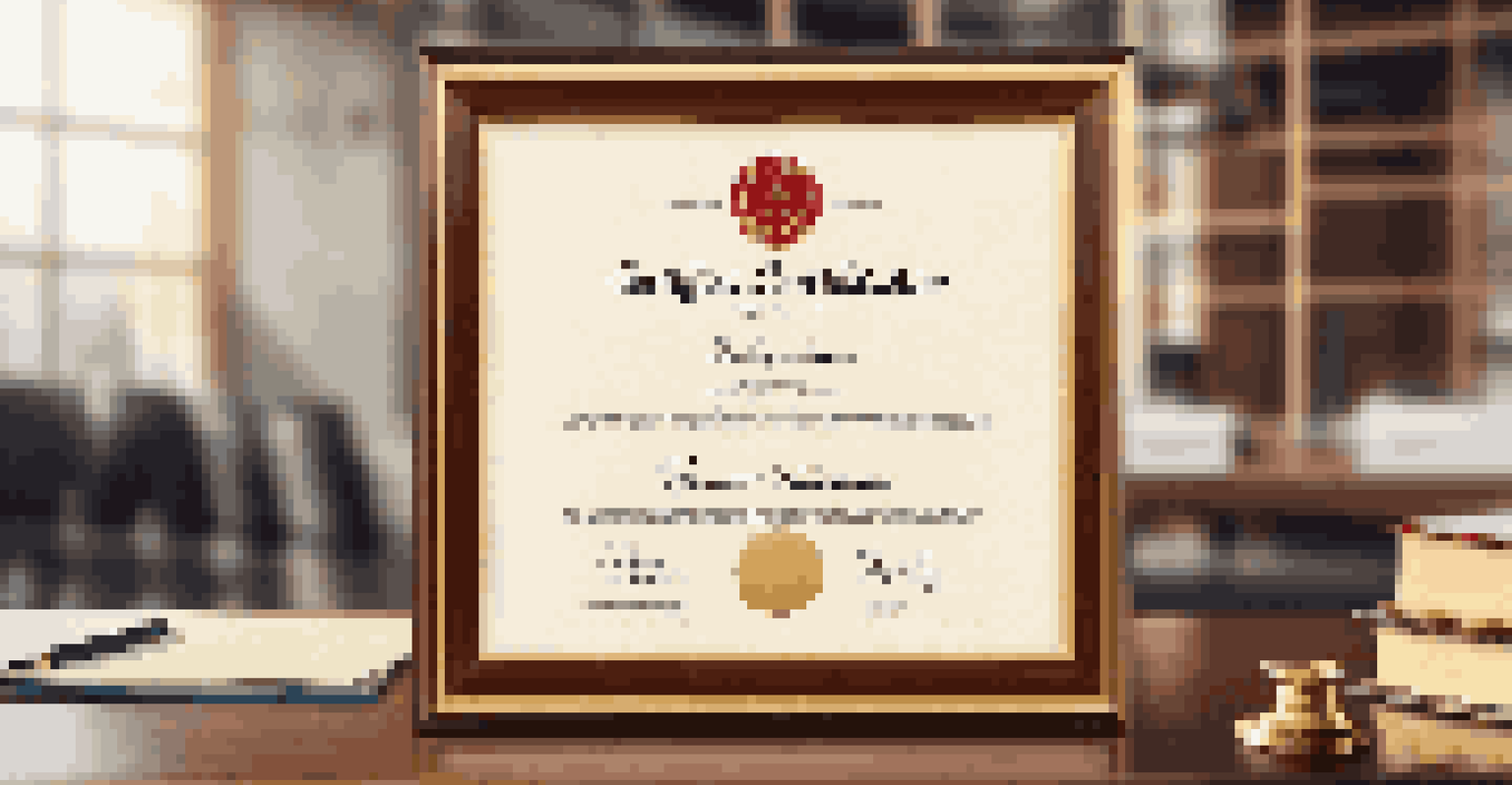 A close-up of a Six Sigma certification certificate elegantly displayed on a desk, with a blurred office background.