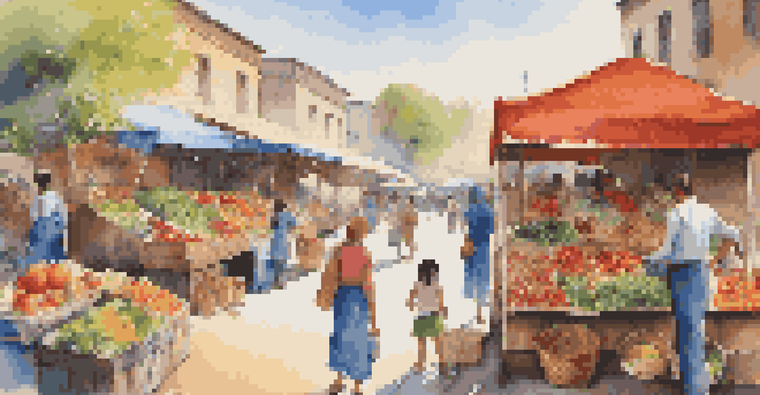 A lively outdoor market with stalls of fresh produce and a girl picking an apple under a bright sky.