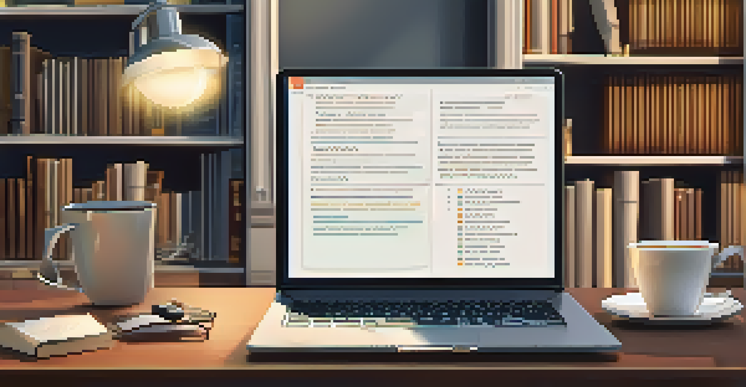 A cozy home office workspace with a laptop showing a competitive analysis report, a coffee cup, and a notepad, all in warm lighting.