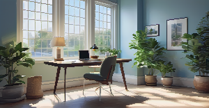 A bright office space featuring a desk with a laptop, notepad, and coffee cup, illuminated by sunlight through a large window.