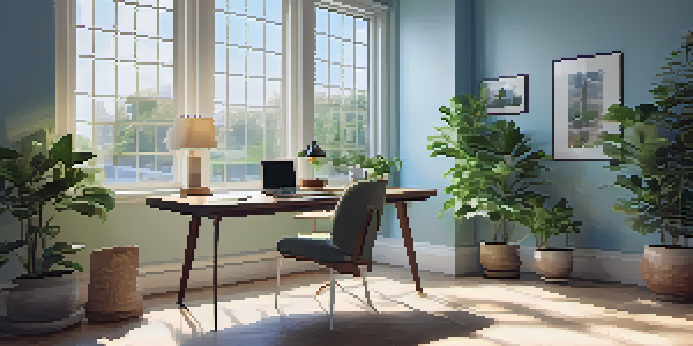 A bright office space featuring a desk with a laptop, notepad, and coffee cup, illuminated by sunlight through a large window.