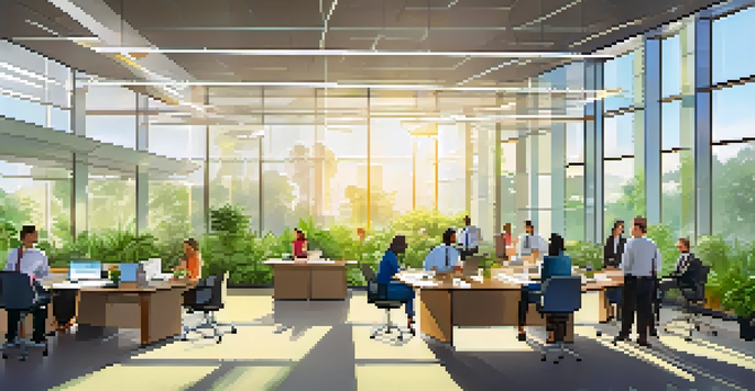 An office scene with employees brainstorming around a conference table, sunlight streaming in and plants around, depicting productivity and sustainability.