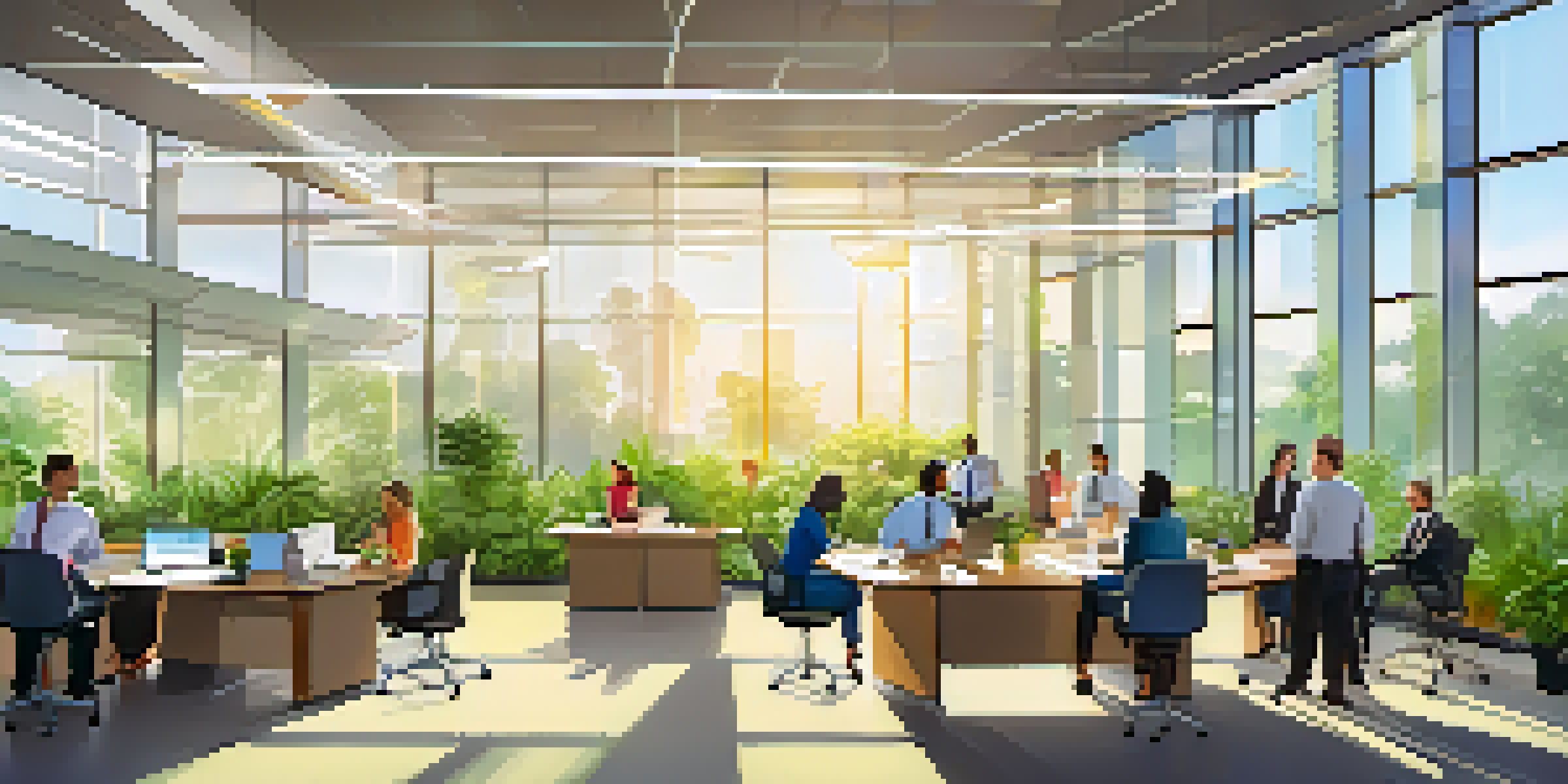 An office scene with employees brainstorming around a conference table, sunlight streaming in and plants around, depicting productivity and sustainability.