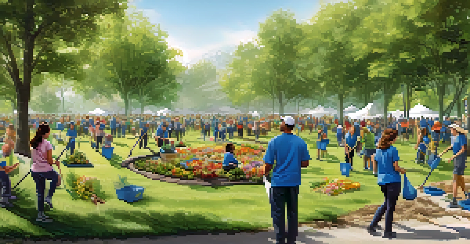 A community park filled with volunteers of different ages participating in a clean-up event, promoting sustainability and corporate responsibility.