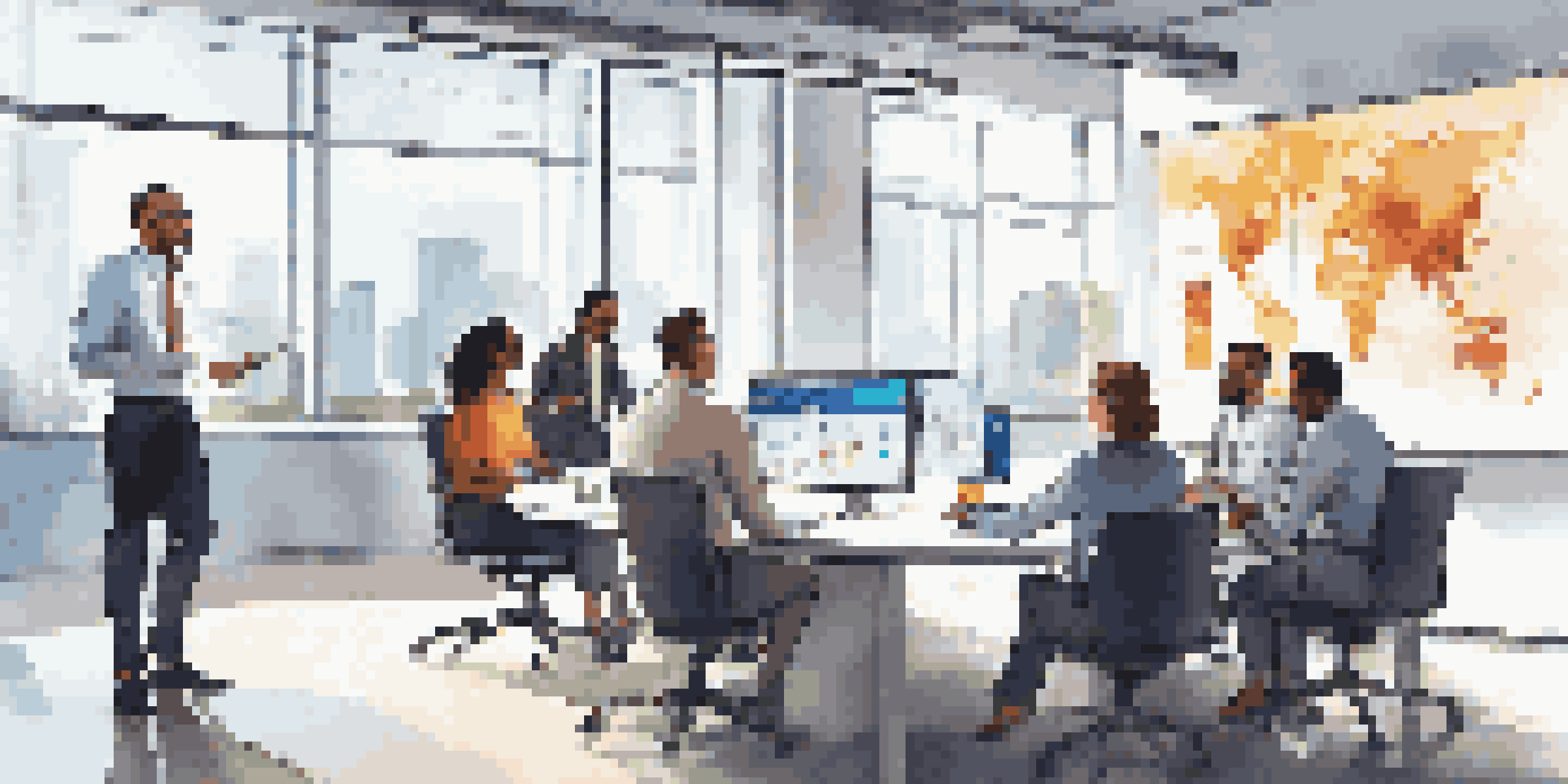 A diverse group of professionals in a modern office discussing business strategies around a conference table with digital displays.