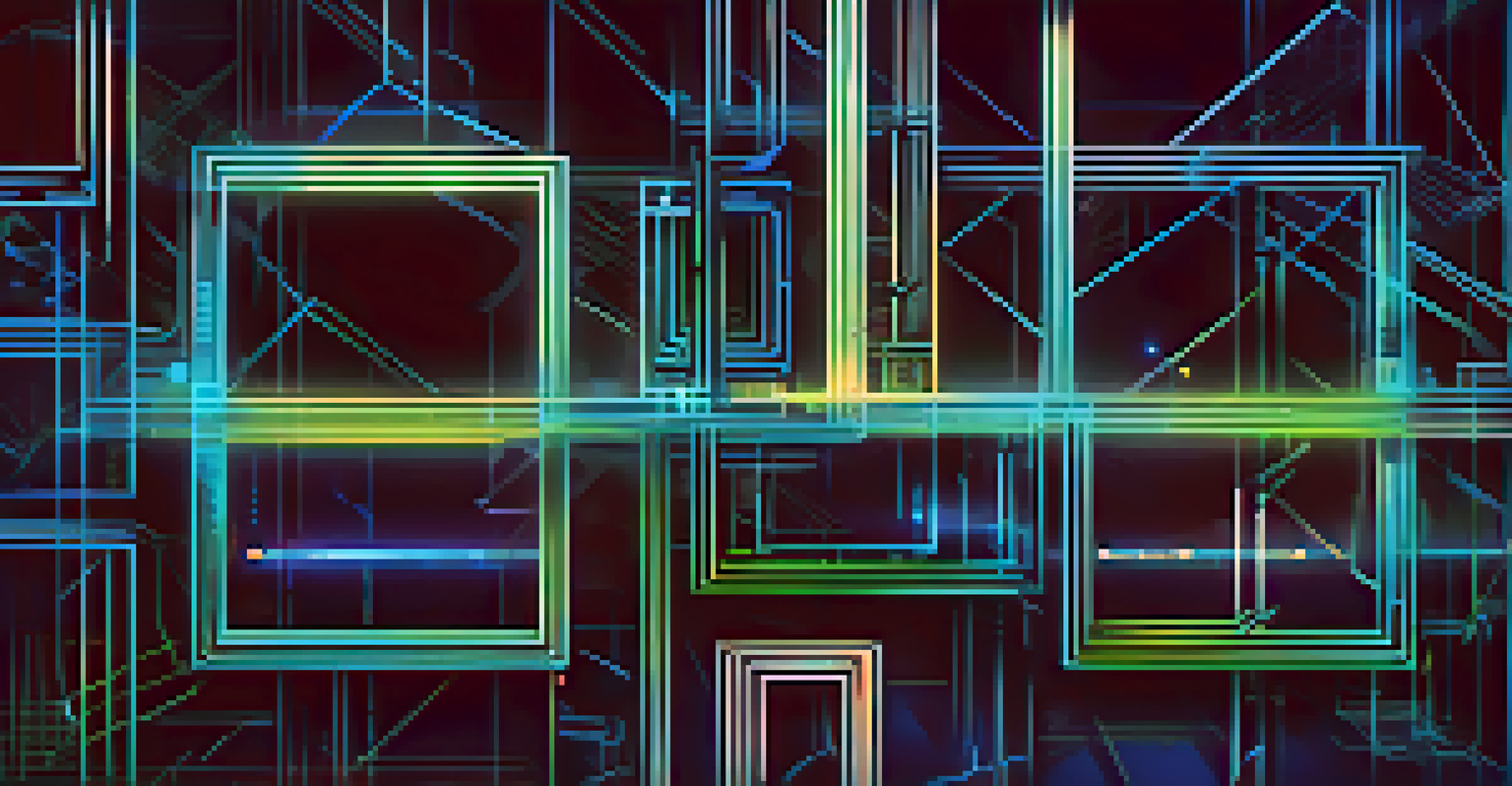 An abstract image depicting interconnected blocks and chains representing blockchain technology with glowing blue and green colors.