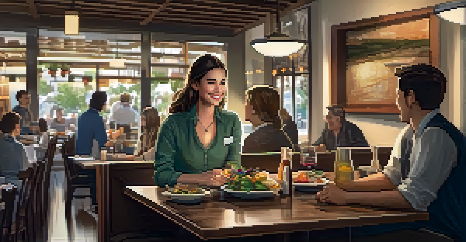 A friendly server interacting with customers in a cozy restaurant setting, showcasing warm hospitality.