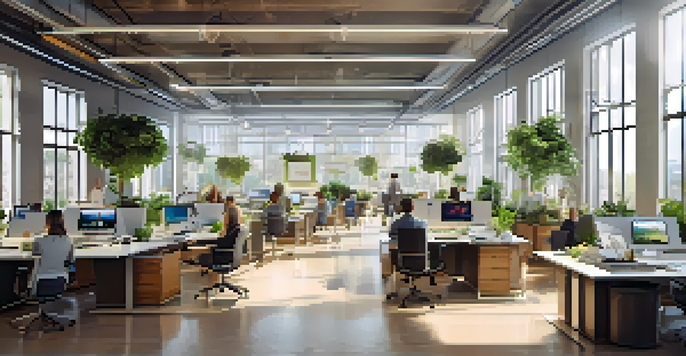 A diverse team working together in a modern office filled with technology, surrounded by natural light and greenery.