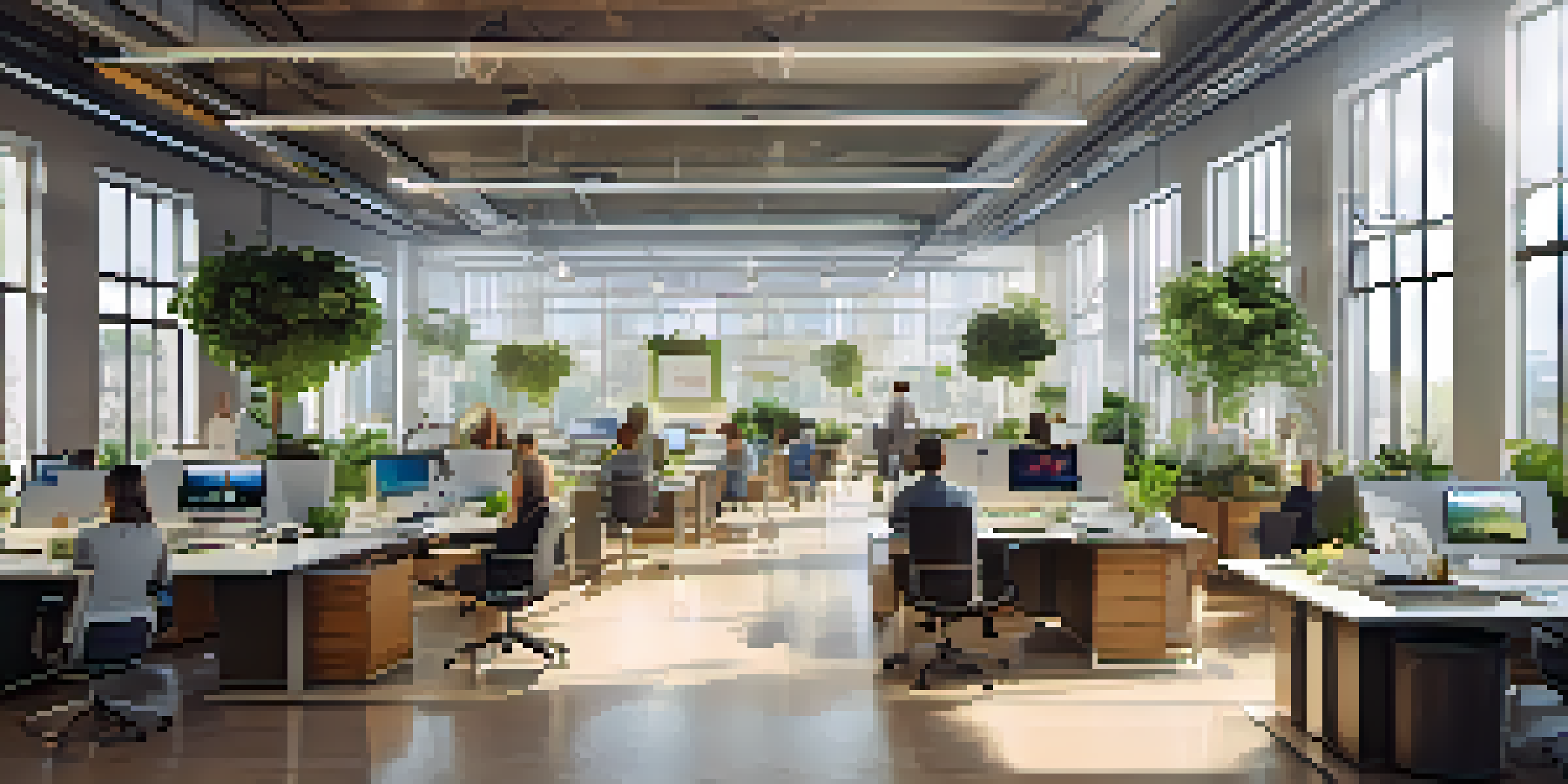 A diverse team working together in a modern office filled with technology, surrounded by natural light and greenery.