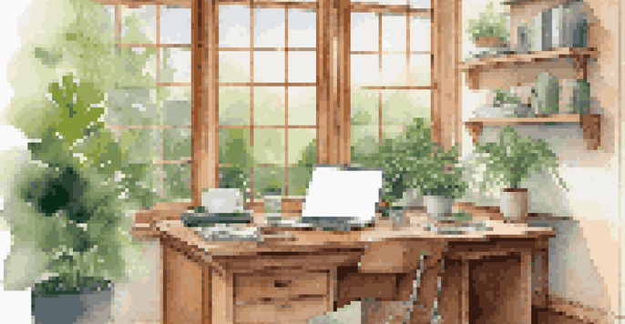 A bright and inviting office space with a wooden desk, laptop, notepad, and a cup of coffee, overlooking a green garden outside the window.