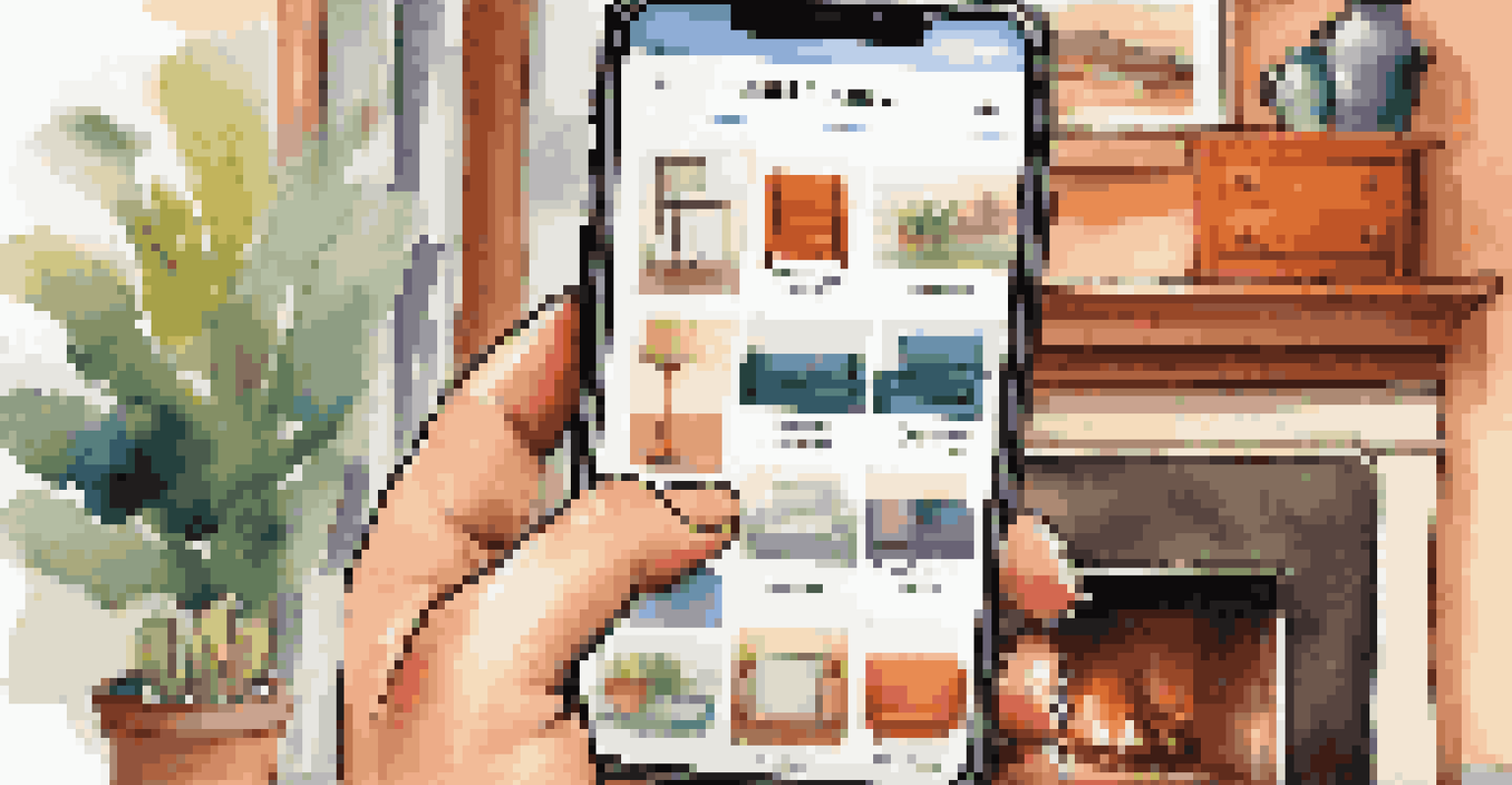 A smartphone showcasing a mobile commerce app with product images on the screen, set in a cozy living room.