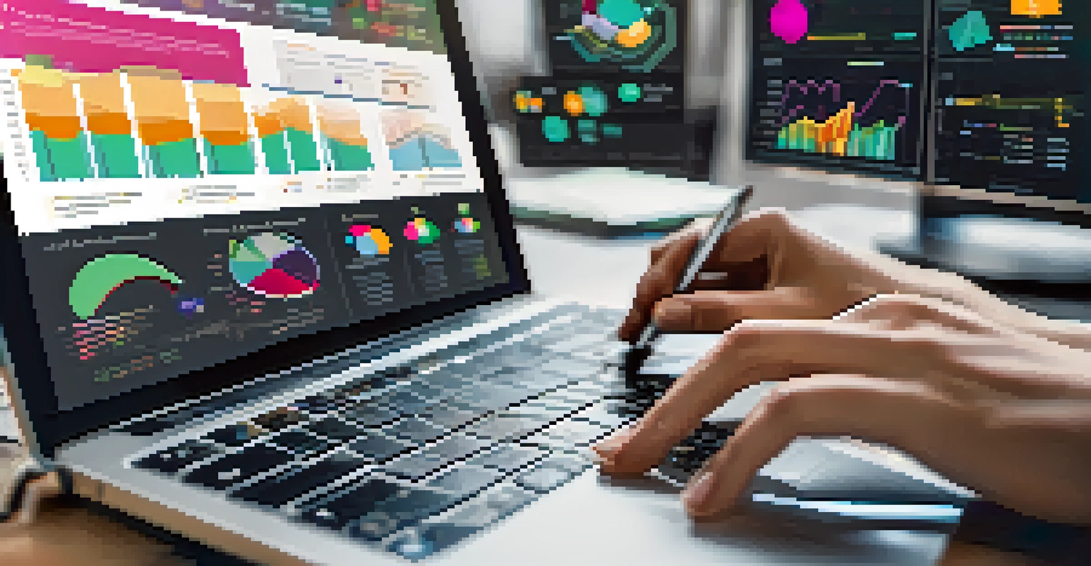 Close-up of hands typing on a laptop displaying colorful customer segmentation metrics and graphs.