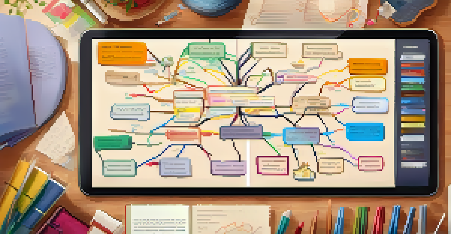A digital mind map on a tablet, illustrating a central theme with colorful branches, set in a cozy study with warm lighting.