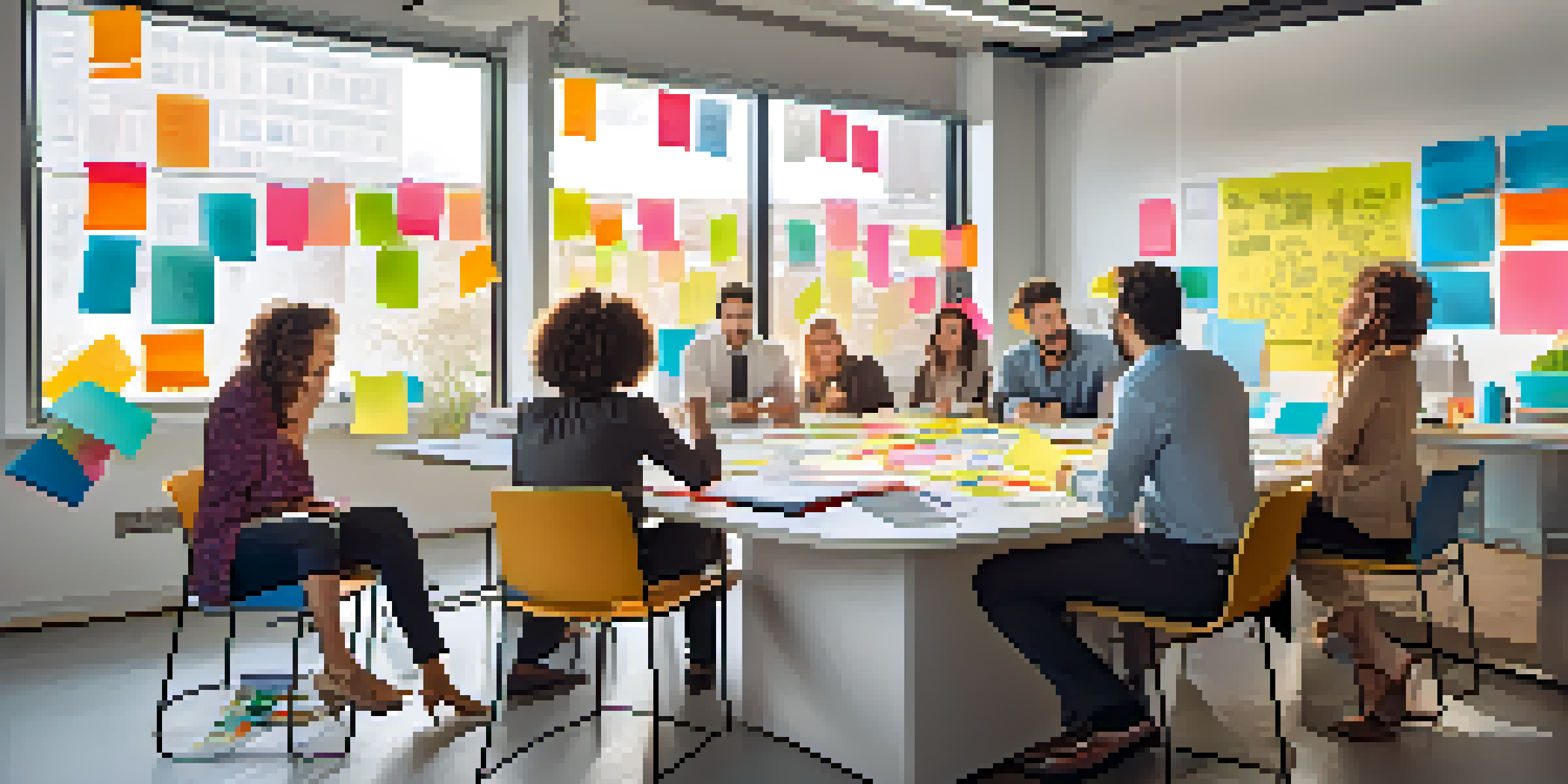 A diverse group of people engaged in a brainstorming session in a bright office, with sticky notes and whiteboards filled with ideas.