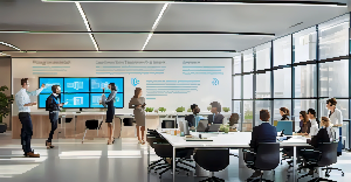 A bright modern office with a conference table and diverse professionals discussing data analytics.