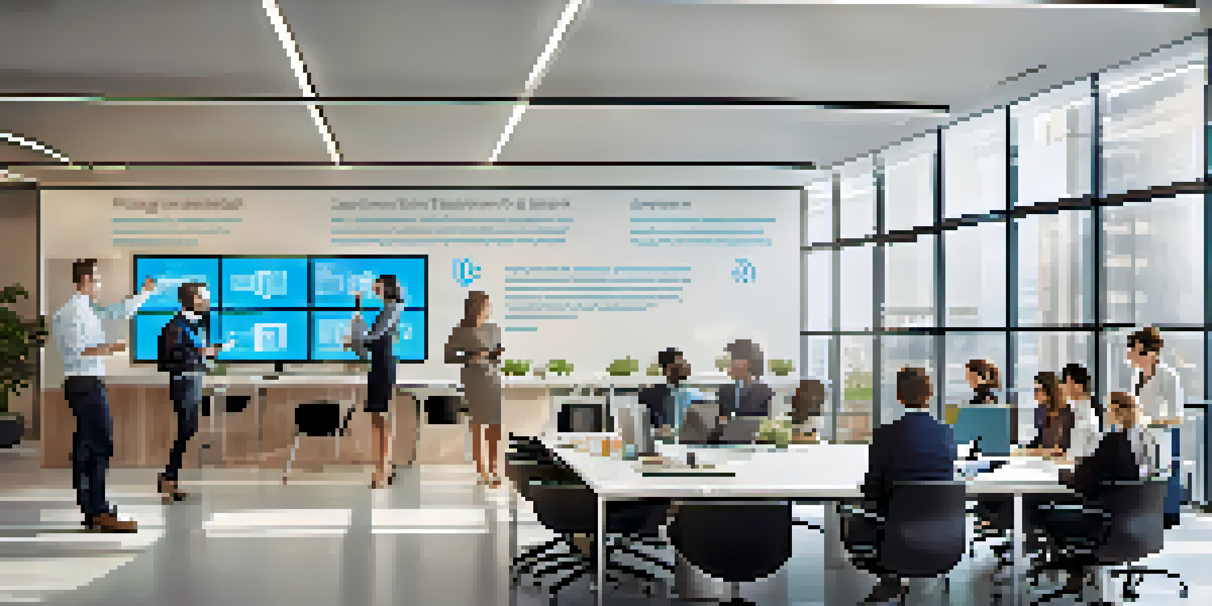 A bright modern office with a conference table and diverse professionals discussing data analytics.