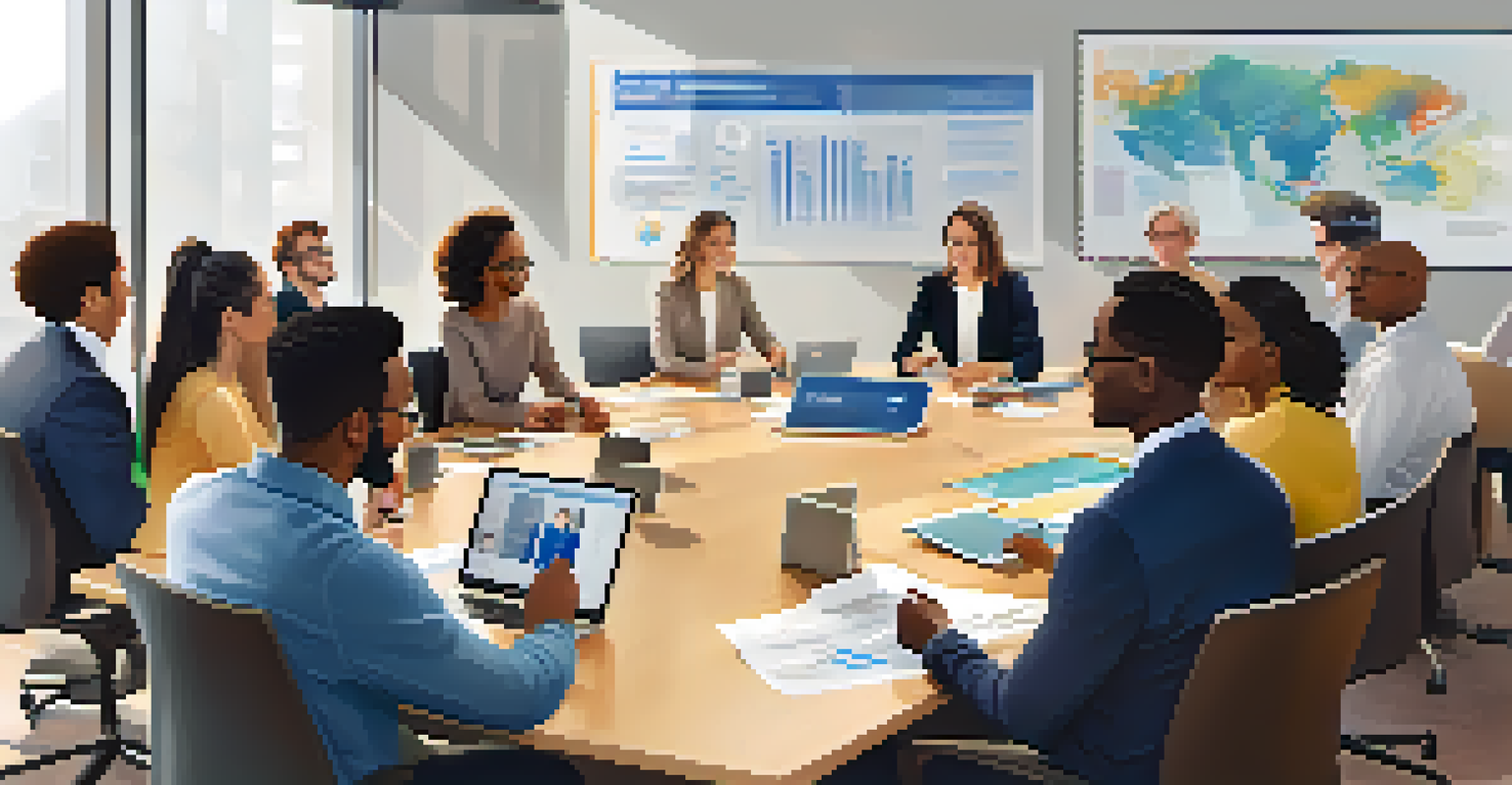 A diverse group of team members sharing feedback in a collaborative conference room, showing expressions of engagement.