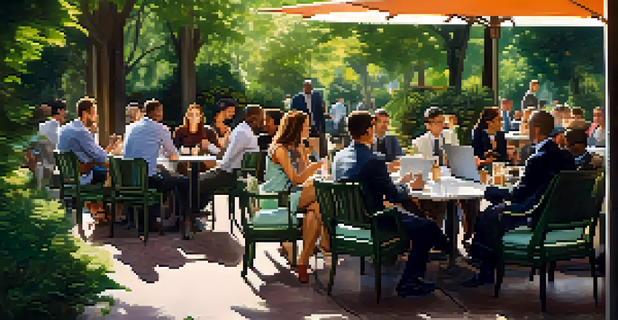 A diverse group of professionals engaging in conversation at an outdoor café with laptops and coffee cups.
