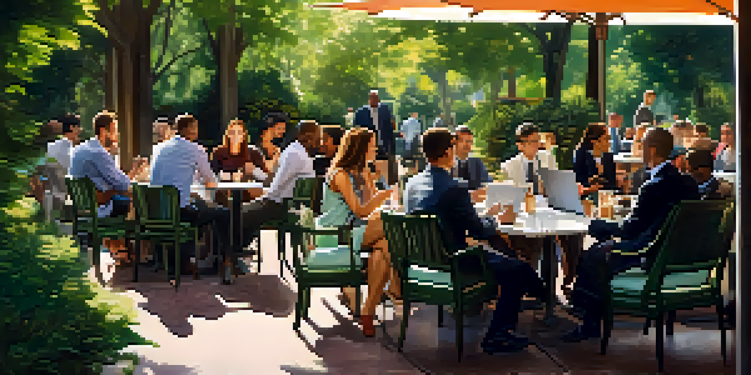 A diverse group of professionals engaging in conversation at an outdoor café with laptops and coffee cups.