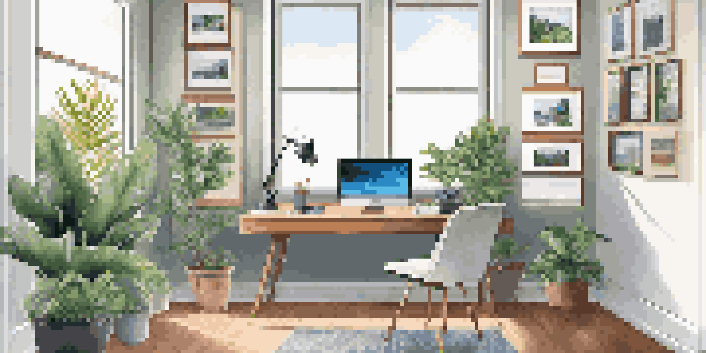 A bright home office with a modern desk, laptop, ergonomic chair, and indoor plants, illuminated by natural light.