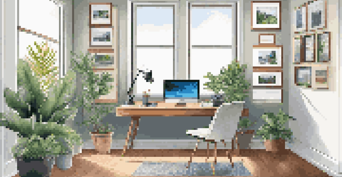 A bright home office with a modern desk, laptop, ergonomic chair, and indoor plants, illuminated by natural light.