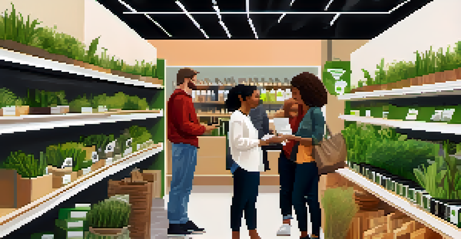 A diverse group of people discussing ethical products in a modern store filled with greenery.