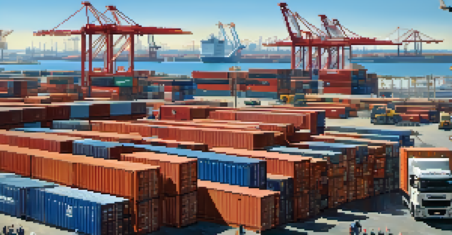 An international shipping hub with cargo containers and a worker checking shipping documents.