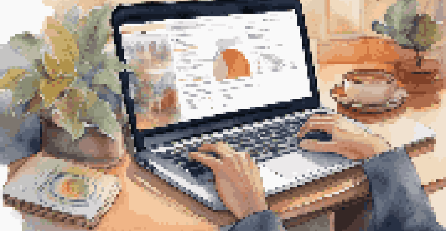 Close-up of hands typing on a laptop with notebooks and coffee, showcasing a training module on the screen.