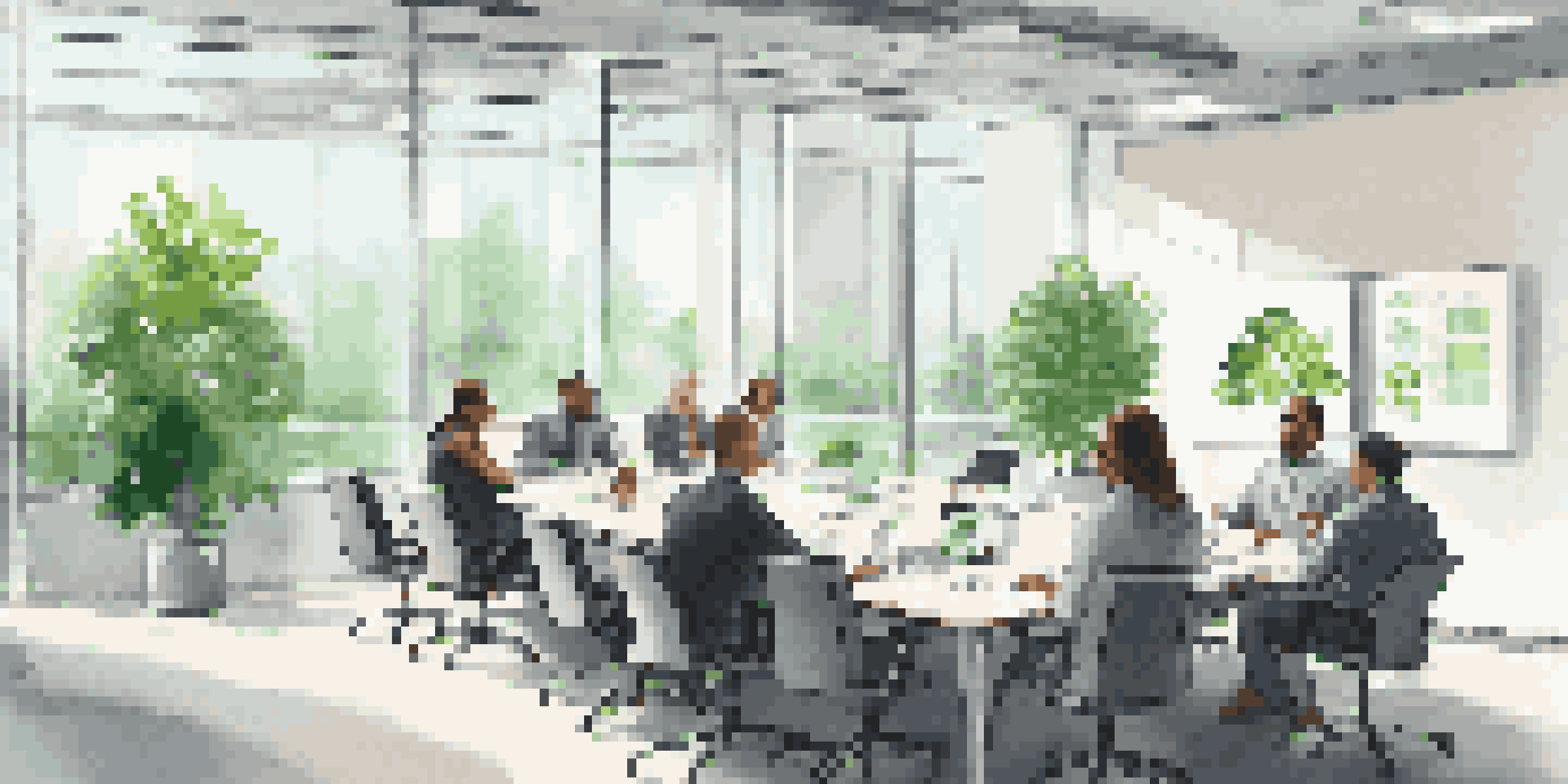 A bright modern office with a conference table and diverse professionals discussing regulatory compliance, with a screen showing compliance charts.