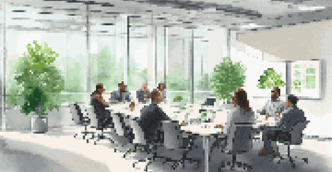 A bright modern office with a conference table and diverse professionals discussing regulatory compliance, with a screen showing compliance charts.