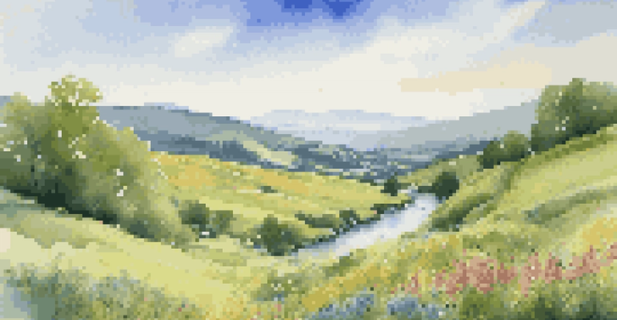 A peaceful green valley with a flowing stream and colorful wildflowers under a blue sky.