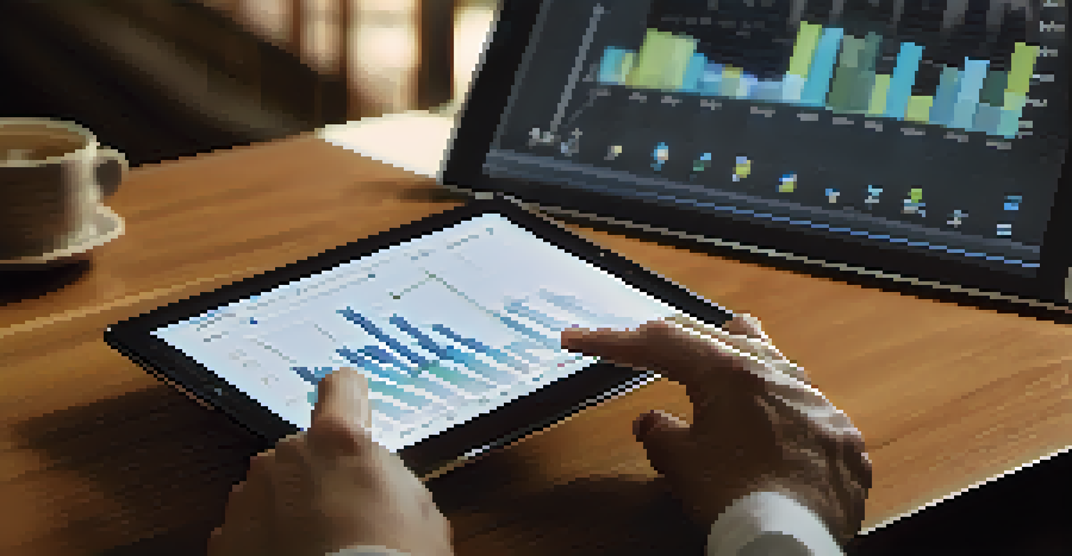 Close-up of a business professional's hands holding a tablet showing a growth graph, with a blurred background.
